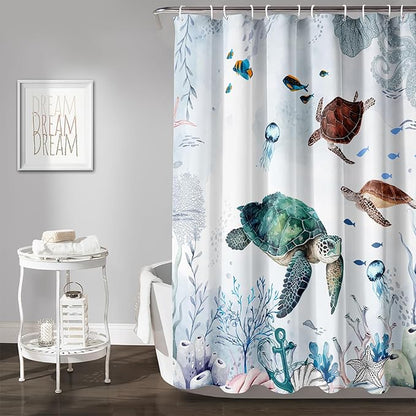 AILONEN Cartoon Sea Turtle Shower Curtain Set, Blue Ocean Animals Waterproof Fabric Shower Curtain,Gouache Anchor Nautical Theme Shower Curtain Liner for Bathroom with Hooks,72" Wx72 H