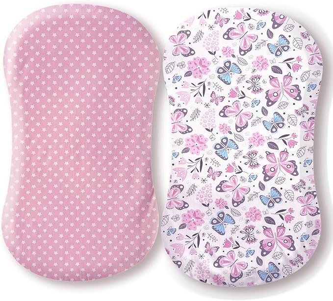 Premium Cotton Butterfly Bassinet Sheets, Fit for Halo Bassinest Swivel Sleeper, 2 Pack Hourglass Bassinet Mattress Sheet Set for Girl, Soft Breathable Safe, Pink Stars Butterfly