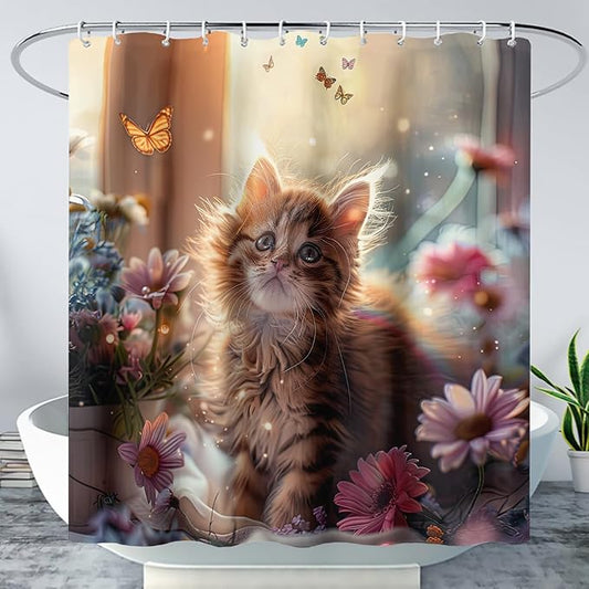 AILONEN Kawaii Cat Shower Curtain Set, Beautiful Kitty with Butterfly Waterproof Fabric Shower Curtain for Kids Boys,Cat Lovers Animal Design Shower Curtain for Bathroom,36" W*72" H