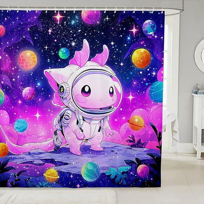 Cartoon Axolotl Kids Shower Curtains,Starry Sky Galaxy Outer Space Planet Bathroom Curtains for Girls Boys,Cute Salamander Astronaut Purple Chic Waterproof Curtains,12 Hooks Suits,72"W x 78"L