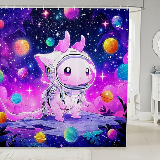 Cartoon Axolotl Kids Shower Curtains,Starry Sky Galaxy Outer Space Planet Bathroom Curtains for Girls Boys,Cute Salamander Astronaut Purple Chic Waterproof Curtains,12 Hooks Suits,72"W x 78"L