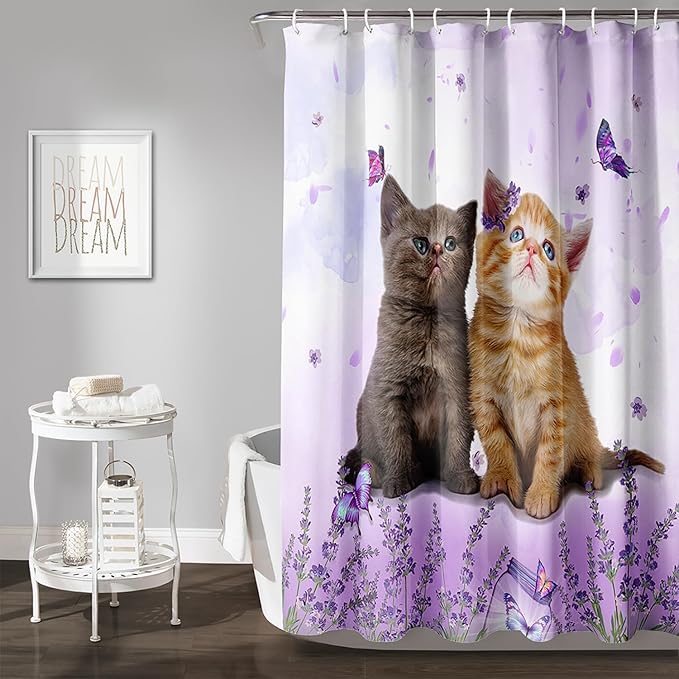 AILONEN Cartoon Cat Shower Curtain, Kawaii Kittens with Purple Flower Shower Curtain for Kids Girls Boys Bathroom Decor,Cute Pet Cat Lover Waterproof Shower Curtains Sets with Hooks,60" W*72" H