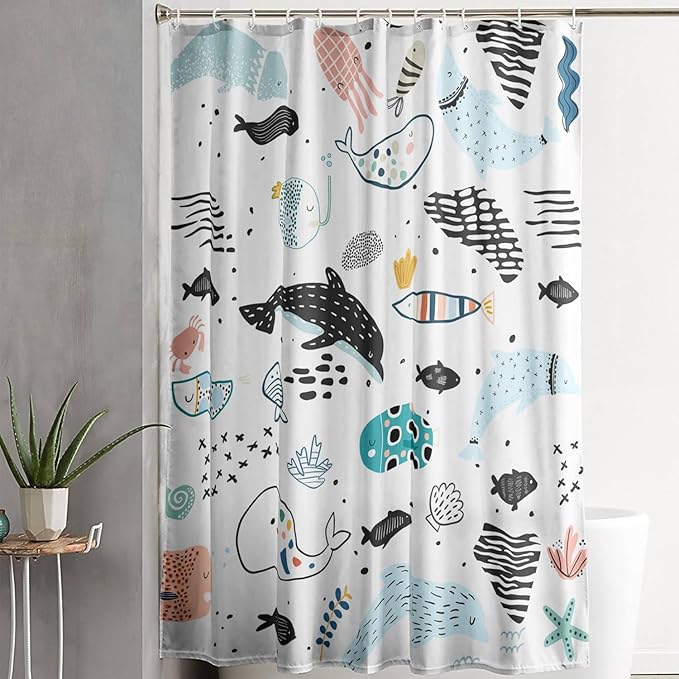 AILONEN Cute Cartoon Dolphin Shower Curtain,Kawaii Ocean Animal Dolphin Bath Curtain Set for Kids Girls Boys,Blue Dolphin Silhouette Fabric Shower Curtains for Bathroom, 72" W*78" H