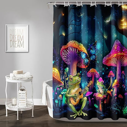 AILONEN Cartoon Frog Shower Curtain,Guitar Frog Fabric Shower Curtains for Bathroom,Magic Mushroom Weighted Polyester Cloth Bath Curtain Set,Mysterious Butterfly Bathroom Curtain,72" W*96" H
