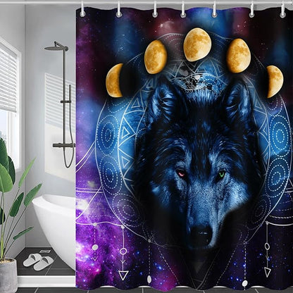 AILONEN Wolf Shower Curtain,Boho Moon Wolf Bath Curtain for Bathroom Decor,Galaxy Wolf Polyester Waterproof Whit Plastic Hooks 36" W*72" H