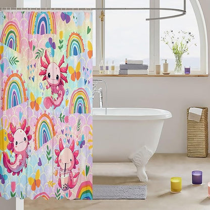 Feelyou Cute Axolotl Bathroom Waterproof Accessories with 12 Hooks Cartoon Salamander Shower Curtain for Kids Boys Girls Rainbow and Butterflies Fabric Shower Curtain Ombre Curtains,72X72 Inches