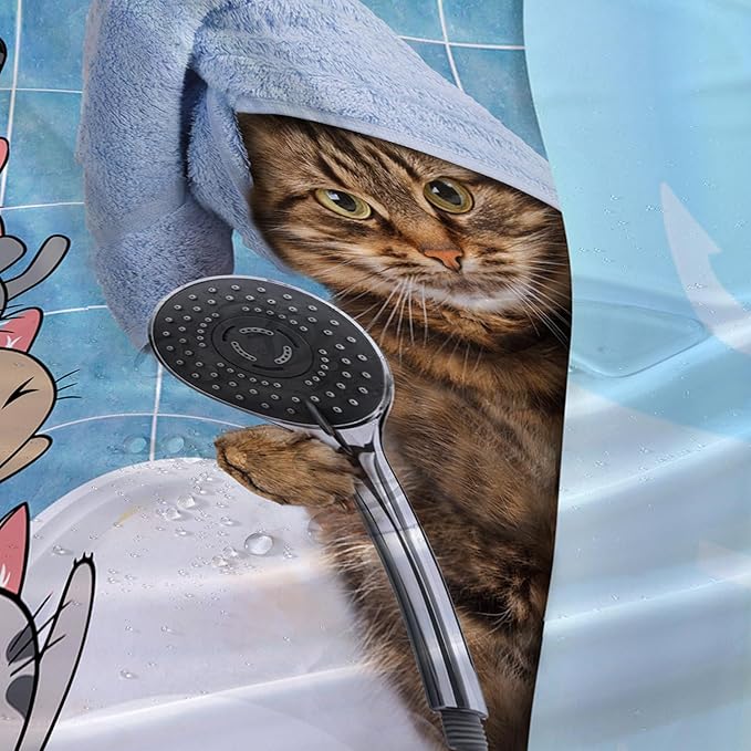 AILONEN Funny Cat Shower Curtain for Kids 72"W*84"H Inch, Cartoon Animal Bathroom Curtain,12 Pack Hooks Polyester Waterproof Fabric Decor for Bathroom,Cute Kitten Taking Shower Cloth Fabric Bathroom