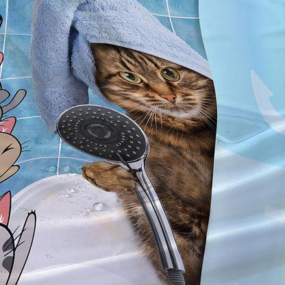 AILONEN Funny Cat Shower Curtain for Kids 72"W*84"H Inch, Cartoon Animal Bathroom Curtain,12 Pack Hooks Polyester Waterproof Fabric Decor for Bathroom,Cute Kitten Taking Shower Cloth Fabric Bathroom