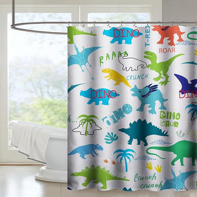 AILONEN Cartoon Dinosaur Shower Curtain for Kids Boys 48" W*72" H Inch,Colorful Dinosaur Pattern Shower Curtain,12 Pack Hooks Polyester Waterproof Fabric Decor for Bathroom