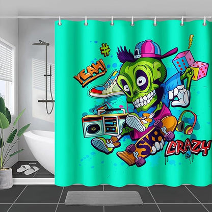 AILONEN Skate Skull Shower Curtain for Bathroom,Green Hip Hop Sport Skull Art Bathroom Curtain for Kids Girls Teen,Bath Curtain 36" W*72" H Polyester Waterproof Bathroom Curtain with 12 Hooks
