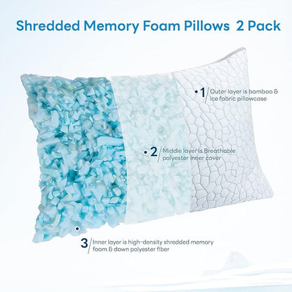 Cooling Pillows for Sleeping Queen Size Set of 2,Shredded Memory Foam Bed Pillow with Pillow Case-Double Sided Material,Adjustable Loft Queen Pillow for Side & Back Sleeper-Medium Firm