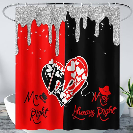 AILONEN Mr Mrs Black and Red Shower Curtain,Love Hearts Pattern Mr Right Mrs Always Right Theme Bath Curtain,Modern Print Decoration Waterproof Shower Curtain with 12 Plastic Hooks, 72" W*72" H