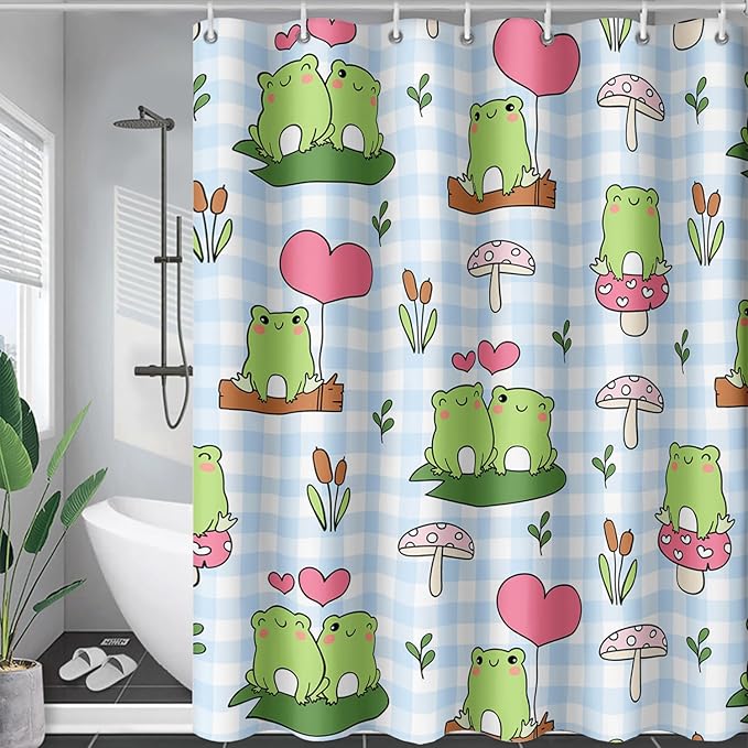 AILONEN Kawaii Frog Shower Curtain,Cute Cartoon Mushroom Frog Bath Curtain,Romantic Frog Couple Hearts Printed Waterproof Blue Stripe Curtain, 48" W x 72" H