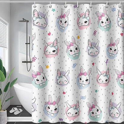 AILONEN Cute Rabbit Shower Curtain, Cartoon Kawaii Bunny Shower Curtain for Bathroom,Modern Minimalist White Waterproof Fabric Shower Curtain Set with Hooks 36" W*72" H