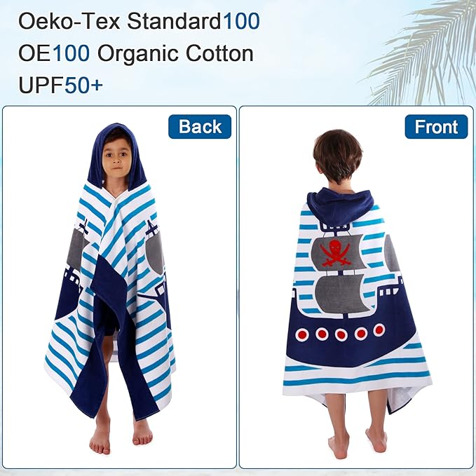 Wowelife Toddler Bath Towel, Blue Hooded Beach Towel, 100% Cotton, Quick Dry, Absorbent, Machine Washable, Adjustable, Pirate Ship Theme