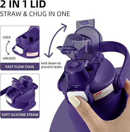 ColorSub 50oz Insulated Water Bottle With 2-in-1 Straw and Chug Leakproof Lid, BPA Free Stainless Steel Wide Mouth Sports Water Cup Flask Purple