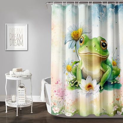 AILONEN Cartoon Frog Shower Curtain Set for Bathroom,Green Frog Bath Curtain,Amphibian Animal Shower Curtain,Tie Dye Flowers Waterproof Fabric Shower Curtain with Hooks,72" W*84" H