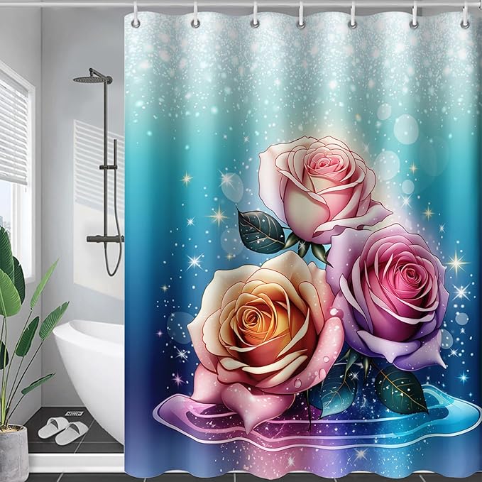 AILONEN Rose Shower Curtain for Bathroom Decor,Galaxy Pink Rose Bath Curtain Gifts for Girls Women,Modern Minimalism Curtain,Polyester Waterproof with 12 Plastic Hooks, 36" W*72" H
