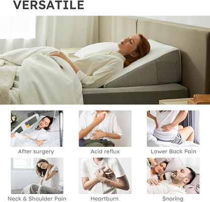 Wedge Pillow for Sleeping, 12 inch Bed Wedge Pillow, Elevated Body Pillow for Back Support, Acid Reflux, Leg, Neck Pain, Snoring, Triangle Pillow Wedge - Cooling Memory Foam Top, White/Grey