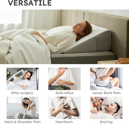 Wedge Pillow for Sleeping, 8 inch Bed Wedge Pillow, Elevated Body Pillow for Back Support, Acid Reflux, Leg, Neck Pain, Snoring, Triangle Pillow Wedge - Cooling Memory Foam Top, White/Grey