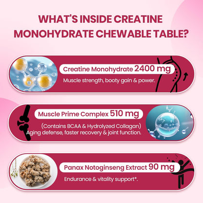 Creatine for Women | with Hydrolyzed Collagen, BCAA | 3g Creatine Chews for Women Booty Gain, Lean Muscles, Recovery & Energy, Vegan, Sugar Free Creatine, Powder Alternative, 60 Servings