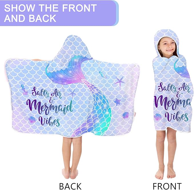 Mermaid Kids Hooded Beach Towel, Mermaid Tail Microfiber Hooded Poncho Towel for Girls 30”x50”, Mermaid Scales Pink Soft Absorbent Bath Towels Bathrobe with Hood for Swin Pool