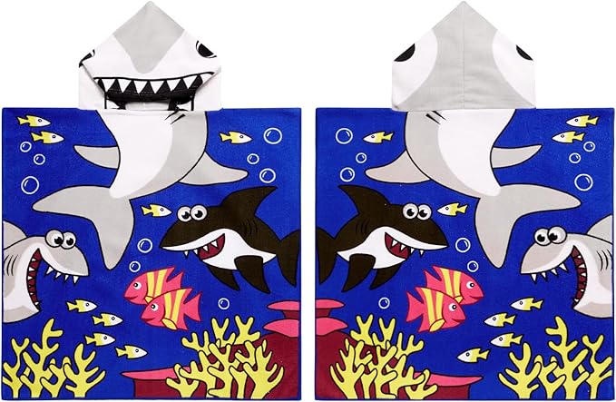 Kids Shark Hooded Beach Towel Boys Cute Poncho Pool Beach Towels with Hood 24*47 in Soft Microfiber Swim Cover-ups for Kids Ages 3-10 Thick Absorbent Cotton Hooded Bath Towel Wrap Bathrobe
