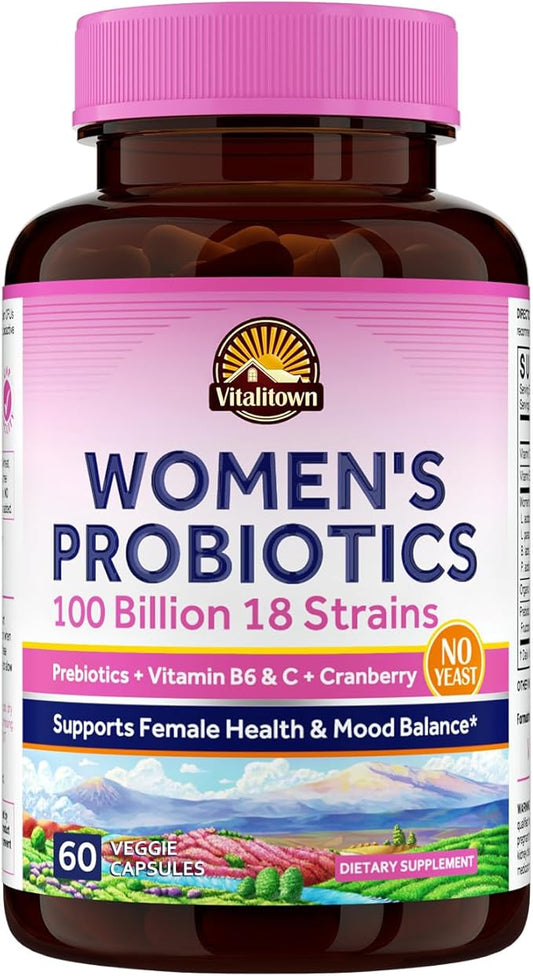Vitalitown Women’s Probiotics | 100 Billion CFUs 18 Strains | Prebiotics, VC & B6, Cranberry | Shelf Stable | Vaginal, Urinary, Digestive & Mood Support | 60 Vegan Caps