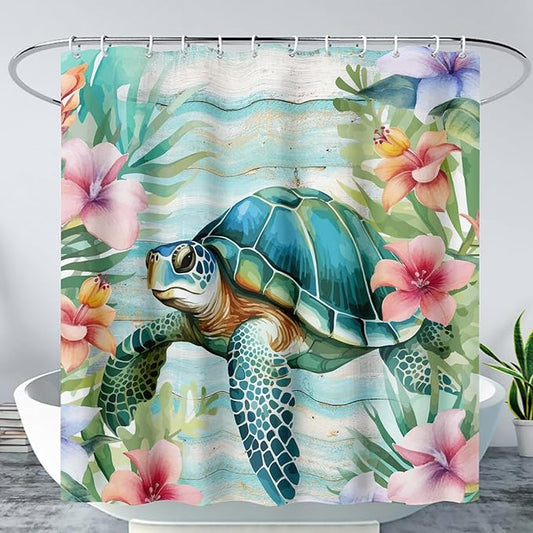 AILONEN Cute Sea Turtle Shower Curtain,Cartoon Beautiful Turtle with Flowers Shower Curtain Set for Bathroom,Ocean Animal Waterproof Fabric Shower Curtain with Hooks,36" W*72" H