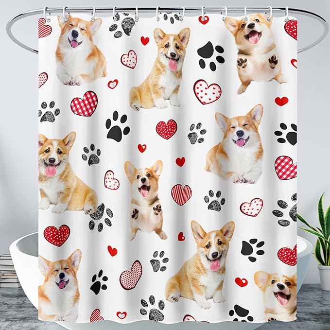 AILONEN Puppy Dog Shower Curtain for Bathroom,Cute Corgi Waterproof Bath Curtain,Pet Dog Kids Girls Dog Lover Curtain with 12 Plastic Hooks(72" W*78" H)