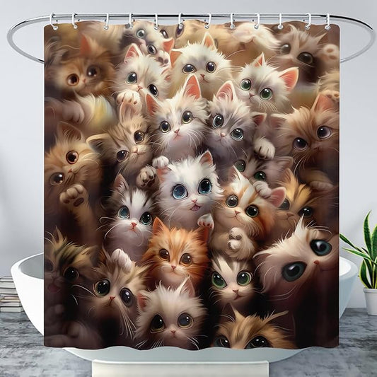 AILONEN Kawaii Cat Shower Curtain for Kids Boys,Lovely Hairy Cat Fabric Shower Curtains for Bathroom,Cute Animal Kittens Polyester Cloth Bath Curtain Set, 72" W*72" H