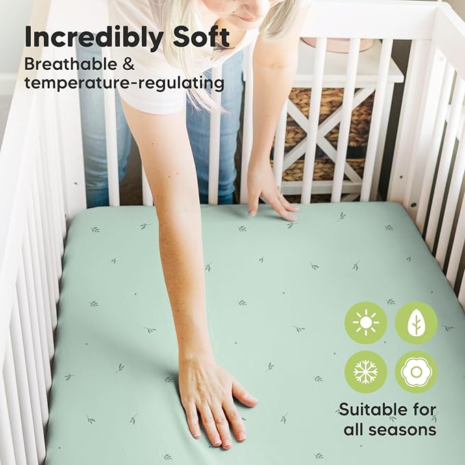 Pack and Play Sheets Fitted, 2-Pack Mini Crib Sheets - Pack N Play Sheets, Organic Fitted Crib Sheet for Pack and Play Mattress, Playard Baby Crib Sheets, Crib Sheets Neutral for Boys, Girls(Bunnies)