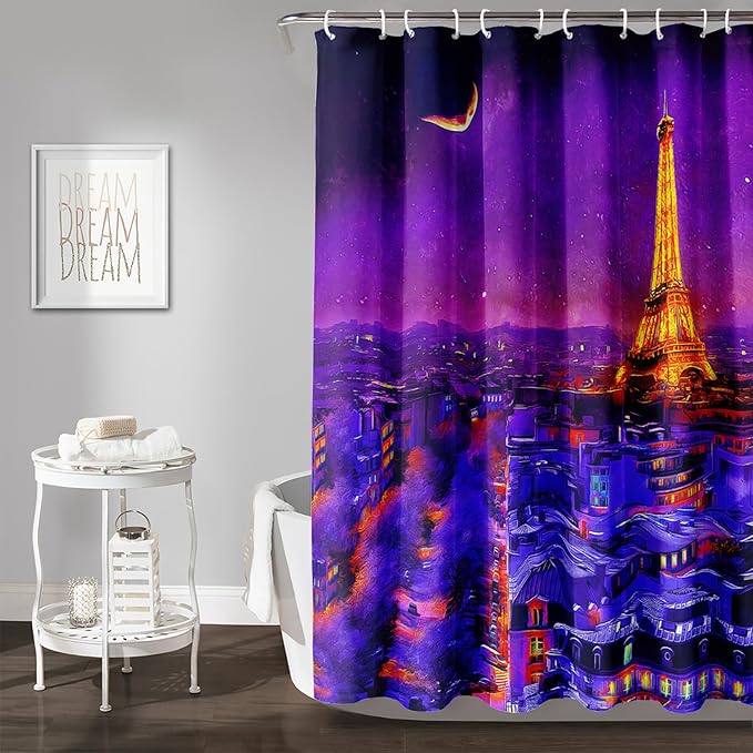 AILONEN Paris Tower Shower Curtain,Purple Glowing City Waterproof Fabric Shower Curtain for Girls Boys Kids Teens, 72" W*84" H Night Eiffel Tower Oil Painting Shower Curtain