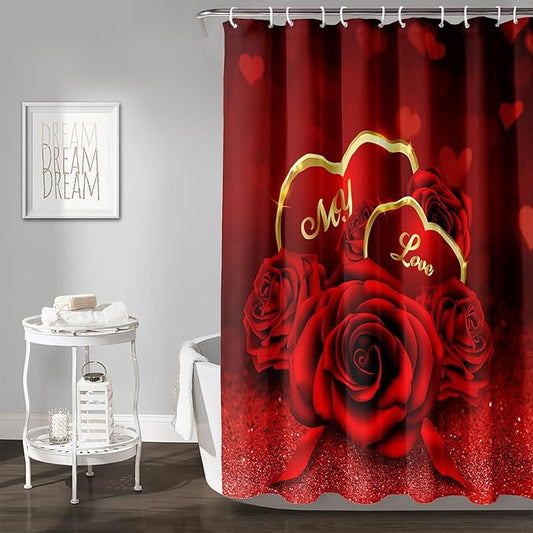 AILONEN Red Rose Shower Curtain for Bathroom, Romantic Flower Rose 3D Printed Valentine Wedding Bathroom Curtain,48" W*72" H Polyester Waterproof Bath Curtain with 12 Hooks