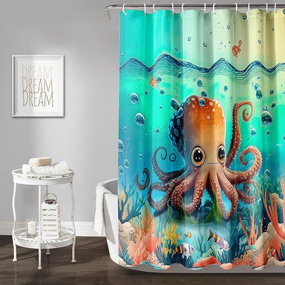 AILONEN Cute Cartoon Octopus Shower Curtain,Beautiful Sea World Theme theme Bath Curtain Cloth Fabric Bathroom 36" W*72" H Inch,12 Pack Hooks for Kids Child Sea Animal Bathroom Curtain
