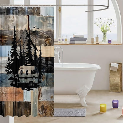 Feelyou Camper Bath Curtain Camping Bathroom Shower Curtain Set for Kids Toddler Boys Girls Happy Camping Shower Curtain Camping Car Kids Bathroom Accessories 72"x78"
