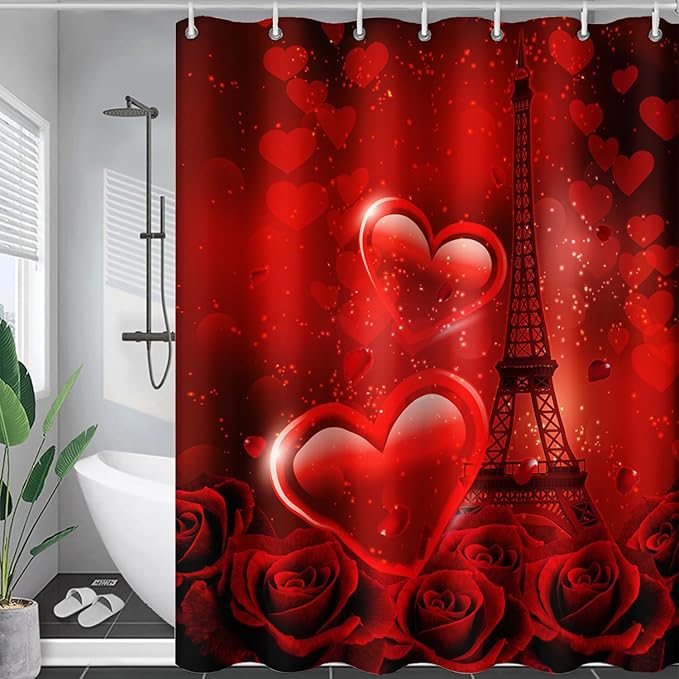 AILONEN Red Rose Shower Curtain for Bathroom, Romantic Eiffel Tower Love Hearts Printed Bathroom Curtain,60" W*72" H Polyester Waterproof Bath Curtain with 12 Hooks