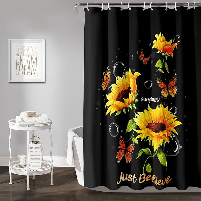 AILONEN Sunflower Shower Curtain for Bathroom,Butterfly Sunflower Bath Curtain Waterproof,Garden Yellow Flower Decor Bathroom Black Curtain with 12 Plastic Hooks, 72" W x 84" H