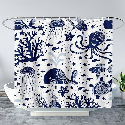 AILONEN Cartoon Dolphin Shower Curtain for Kids 48" W*72" H Inch,Blue Whales Octopuses Turtles Pattern Shower Curtain,Ocean Life Theme 12 Pack Hooks Polyester Waterproof Fabric Decor for Bathroom
