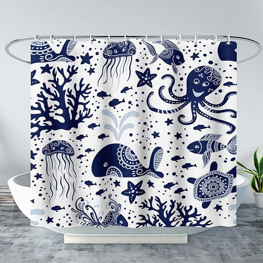 AILONEN Cartoon Dolphin Shower Curtain for Kids 48" W*72" H Inch,Blue Whales Octopuses Turtles Pattern Shower Curtain,Ocean Life Theme 12 Pack Hooks Polyester Waterproof Fabric Decor for Bathroom