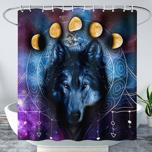AILONEN Wolf Shower Curtain,Boho Moon Wolf Bath Curtain for Bathroom Decor,Galaxy Wolf Polyester Waterproof Whit 12 Plastic Hooks 60" W*72" H