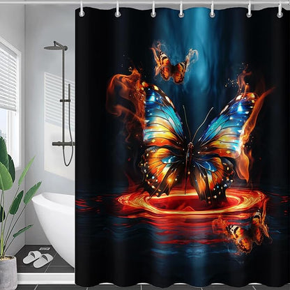 AILONEN 3D Butterfly Shower Curtain,Fire and Ocean Butterfly Bath Curtain 72" W*84" H,Modern Abstract Art Butterfly Print Waterproof Bathroom Curtain with 12 Plastic Hooks for Girls Women