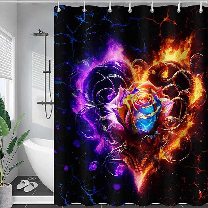 AILONEN Rose Shower Curtain for Bathroom,Purple Red Flame Fire Rose Hearts Print Bath Curtain,Modern Print Decoration Waterproof Shower Curtain with 12 Plastic Hooks, 72" W*78" H