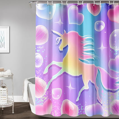 AILONEN Girls Unicorn Shower Curtain for Bathroom, Pink Hearts Rainbow Unicorn Bath Curtain,Cute Unicorn Kids Shower Curtain 48" W*72" H Polyester Waterproof Bathroom Curtain with 12 Hooks