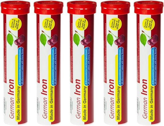 German Iron 14 mg - 100 Vegan Drink Effervescent Tablets - Cherry Flavor - Made in Germany