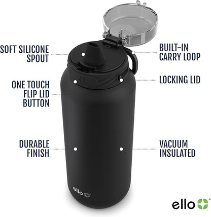 Ello Cooper 22oz Stainless Steel Water Bottle with Straw and Carry Handle, Double Walled and Vacuum Insulated Metal, Leak Proof Locking Lid with Soft Silicone Spout, Reusable, BPA Free, Black