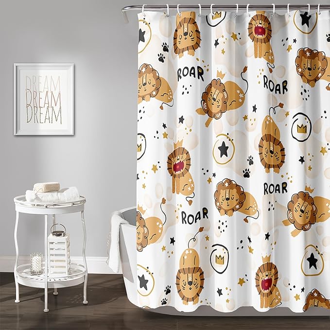 AILONEN Cute Lion Shower Curtain for Bathroom, Children Kwwaii Animal Bathroom Curtain Decor,Printed Bath Curtain for Boys Girls 72" W*84" H Polyester Waterproof Bathroom Curtain with 12 Hooks