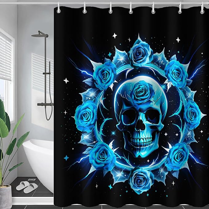 AILONEN Sugar Skull Shower Curtain for Bathroom,Blue Rose Flower Bath Curtain,Romantic Floral Skeleton Decor Bathroom Waterproof Curtain with 12 Plastic Hooks, 36" W*72" H