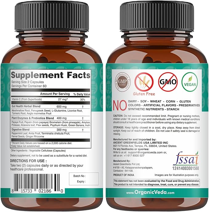 Organic Veda Gut Health Supplement - Leaky Gut Repair Capsules with Papaya Digestive Enzymes, Prebiotics, L-Glutamine, Turmeric - Support Bowel Movement & Cleanse Colon - 120 Count