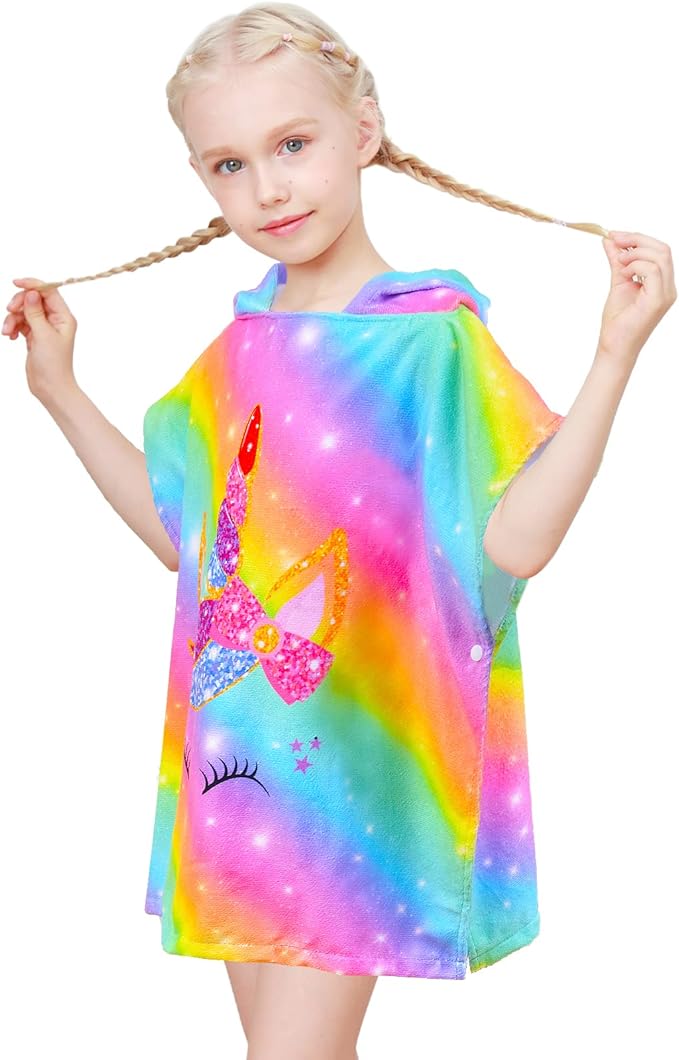 Kids Hooded Towels for Girls, Unicorn Hooded Beach Towel for Kids, Soft & Absorbent Cotton Kids Poncho Towels for 3-8 Years, 24"x24"(Rainbow Unicorn)